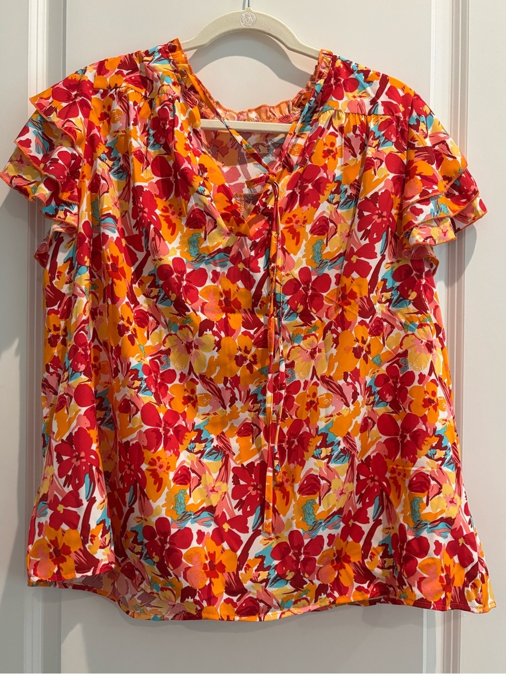 Plus Size 2X Floral Ruffle Sleeve Peasant Blouse Boho Tie Neck Summer Top